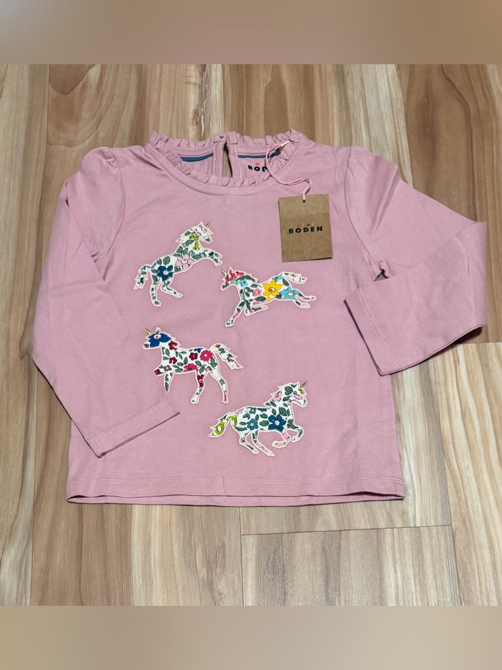 Mini Boden Pink Long-Sleeve Top with Colorful Horse Appliqués